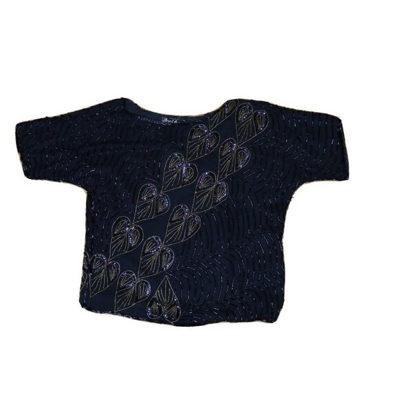 WOMEN'S VINTAGE BLACK SILK BEADED BLOUSE - JEWEL QUEEN - SIZE M - Picture 1 of 8
